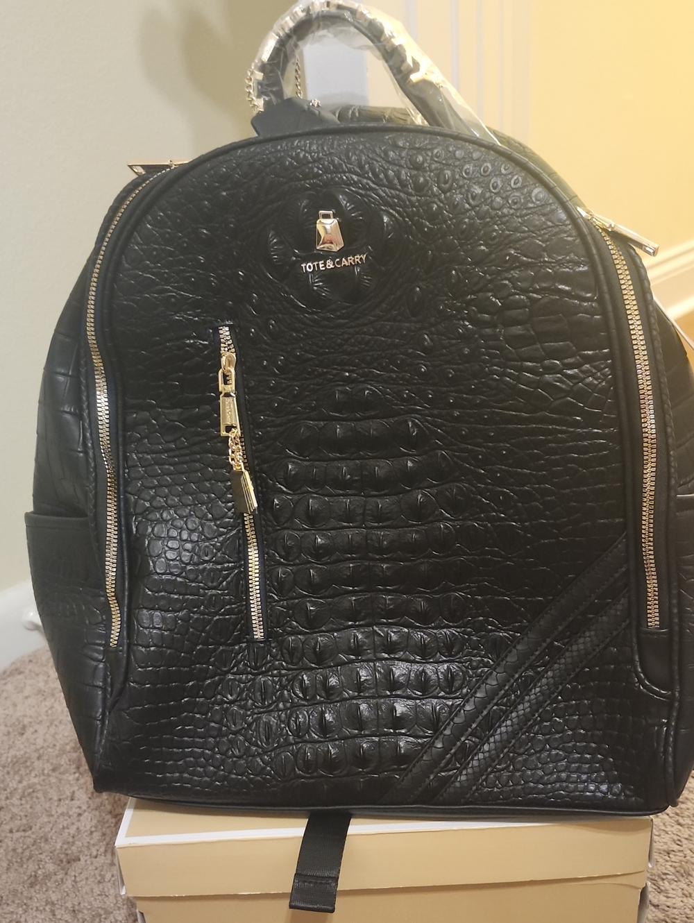Tote N Carry Black Croc-Embossed Women"s Backpack